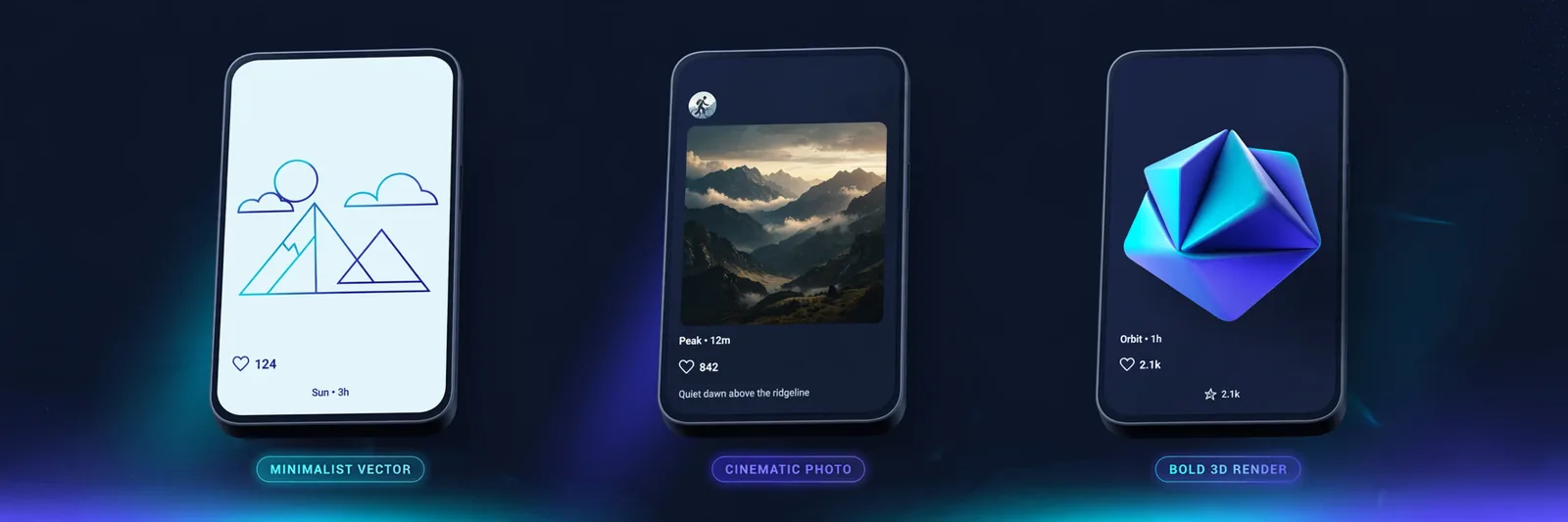 Three Instagram post mockups side by side, one minimalist vector, one cinematic photo, one bold 3D render, with style-formula cards beneath each