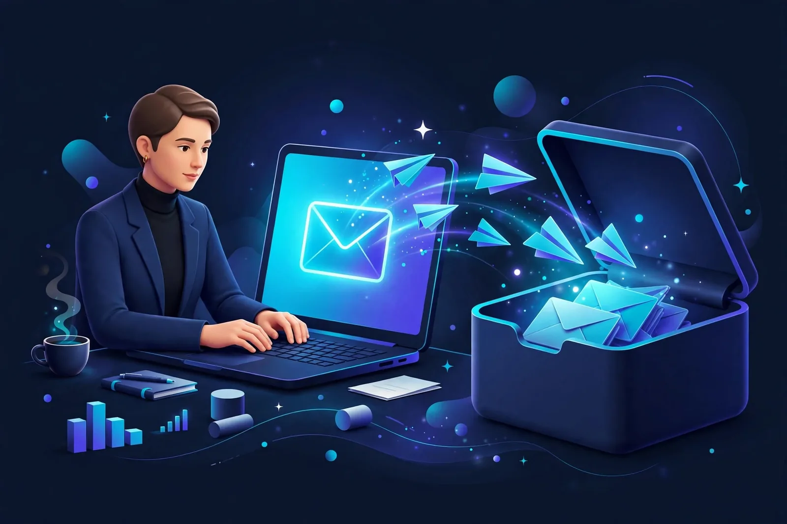 Before-and-after illustration of a robotic corporate email transformed into a warm human-sounding email