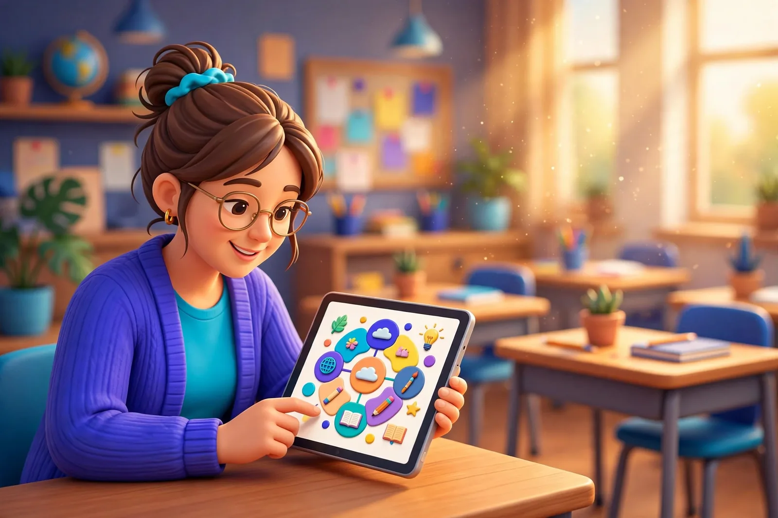Teacher smiling while reviewing an AI-generated lesson plan on a tablet in a bright classroom