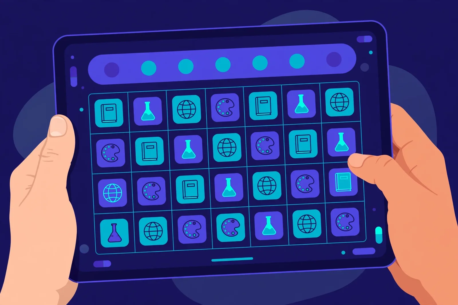 Teacher's hands holding a tablet showing a colorful weekly lesson plan calendar with subject icons