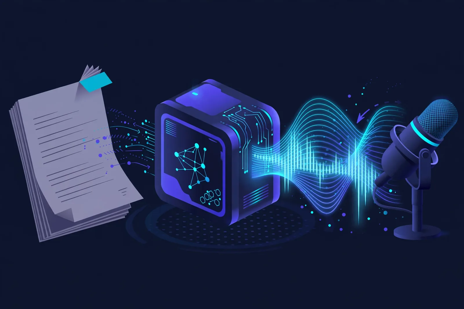 Close-up illustration of an AI voice settings panel showing pacing, pause, and emotion controls