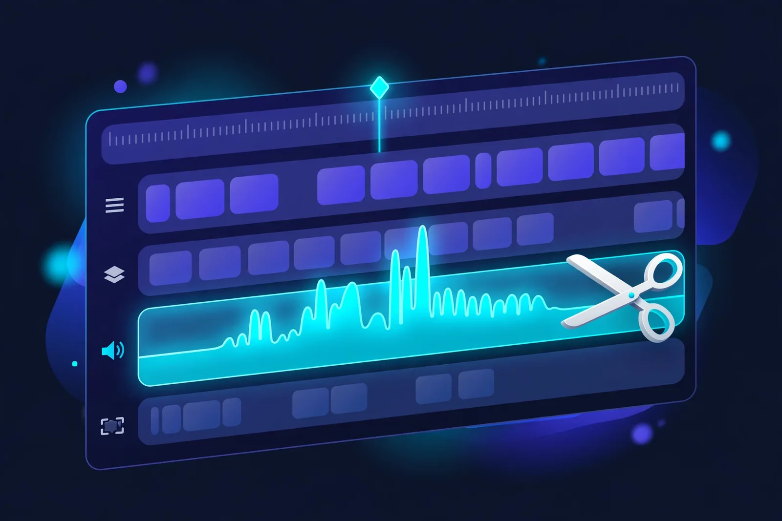 Illustration of a video editing timeline showing an AI voiceover track layered under visuals with a ducked music bed