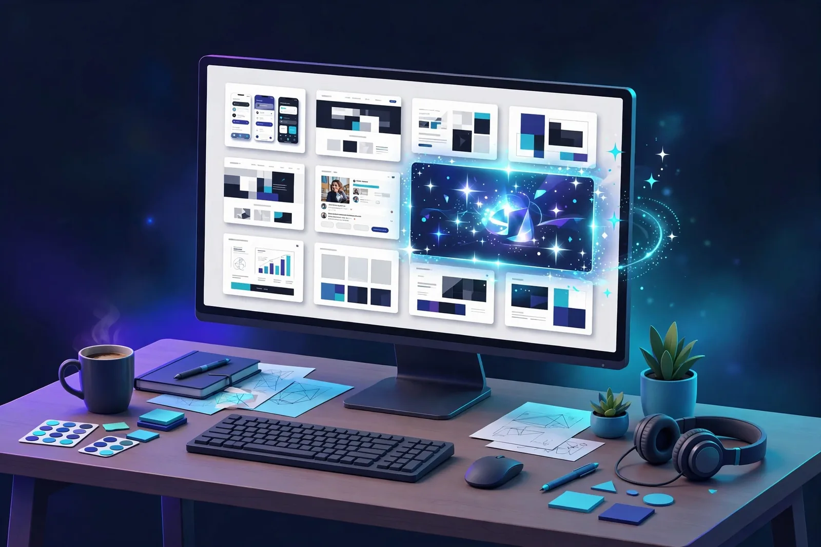 Illustration of a brand-consistent Canva design workflow showing Dream Lab images generated with brand kit colors and fonts applied