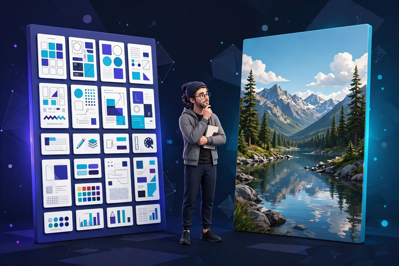Illustration of a content creator quickly publishing multiple finished social posts in Canva versus crafting a single detailed image in Firefly