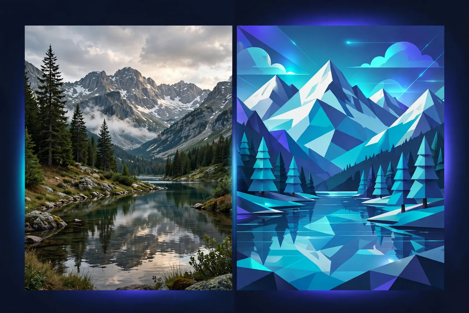 Illustration showing a marketing social post built in Canva versus a photorealistic Firefly-generated hero image