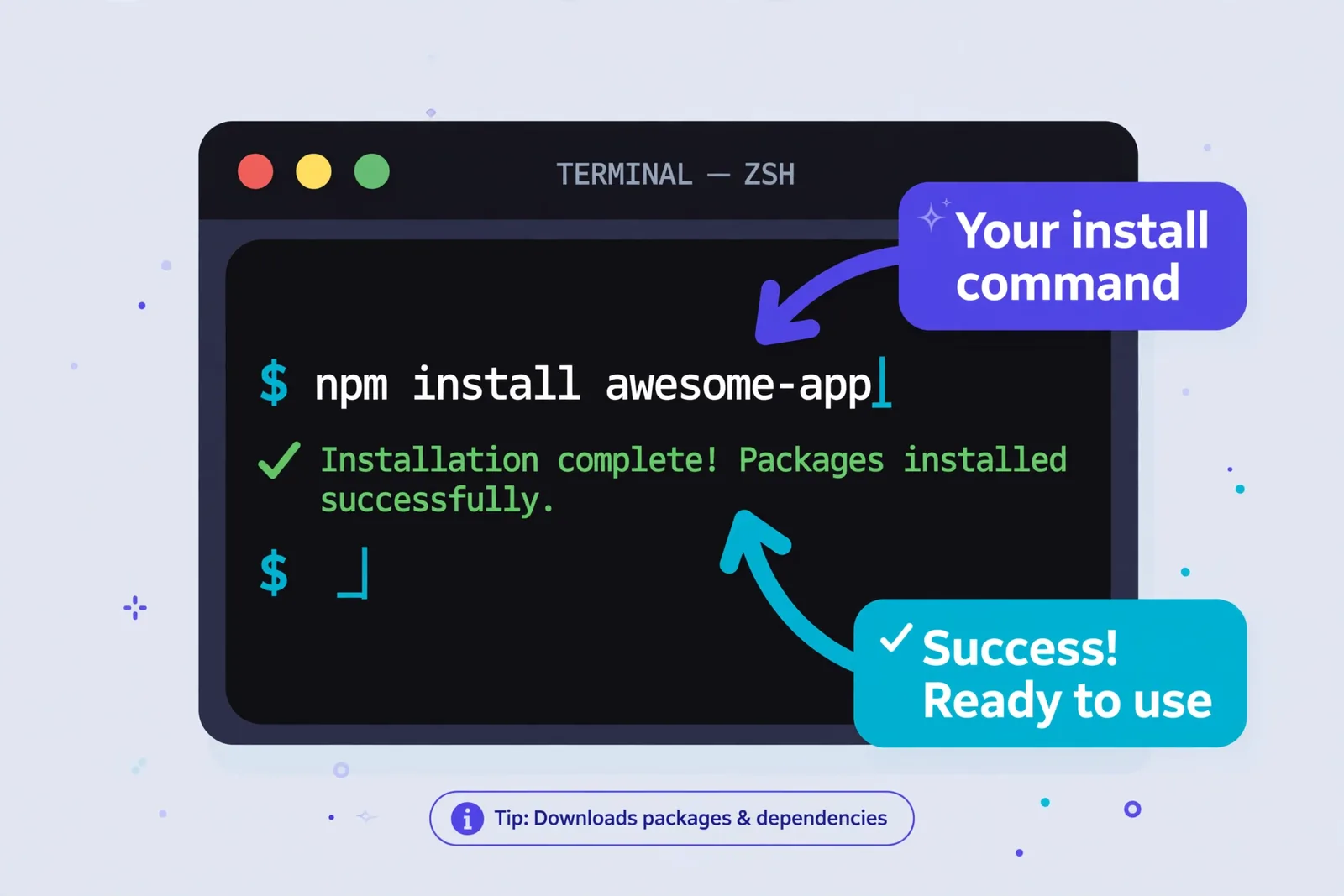 A terminal screenshot-style illustration showing the Claude Code install command and version check, with friendly annotations pointing at each step