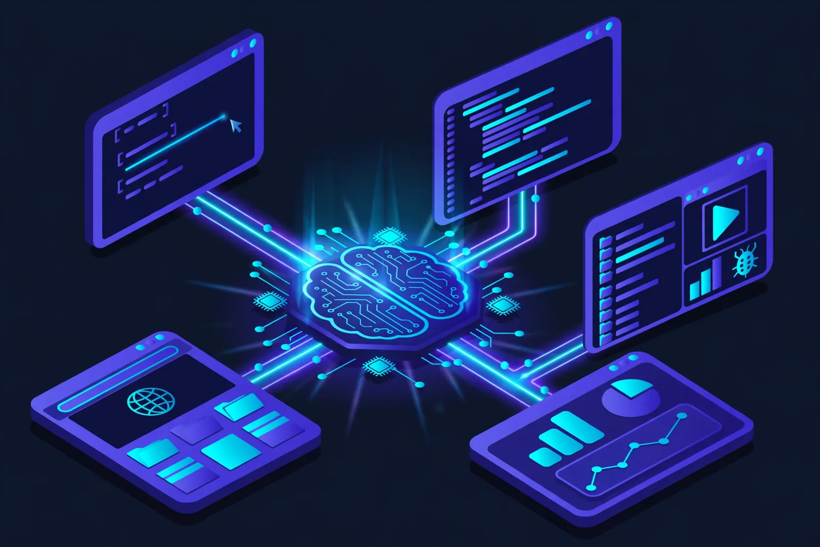 An illustration showing five connected devices/screens (terminal, VS Code, JetBrains, desktop app, web) all linked to one central Claude Code brain icon