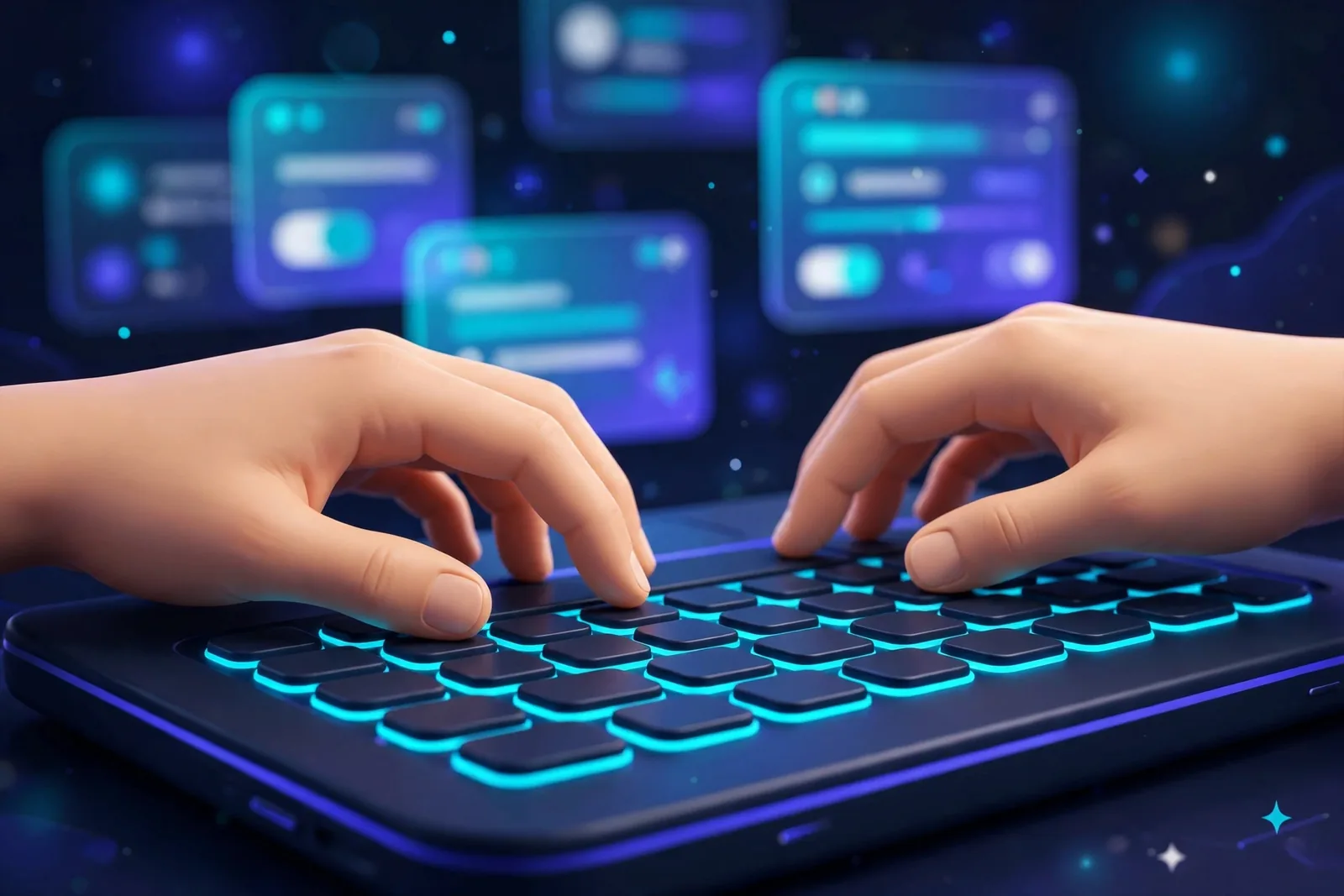 Close-up of hands typing on a laptop keyboard with AI writing tool interfaces blurred in the background