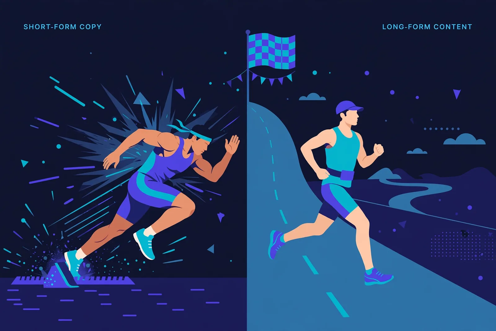 Split illustration of a sprinter labeled short-form copy racing a marathon runner labeled long-form SEO content