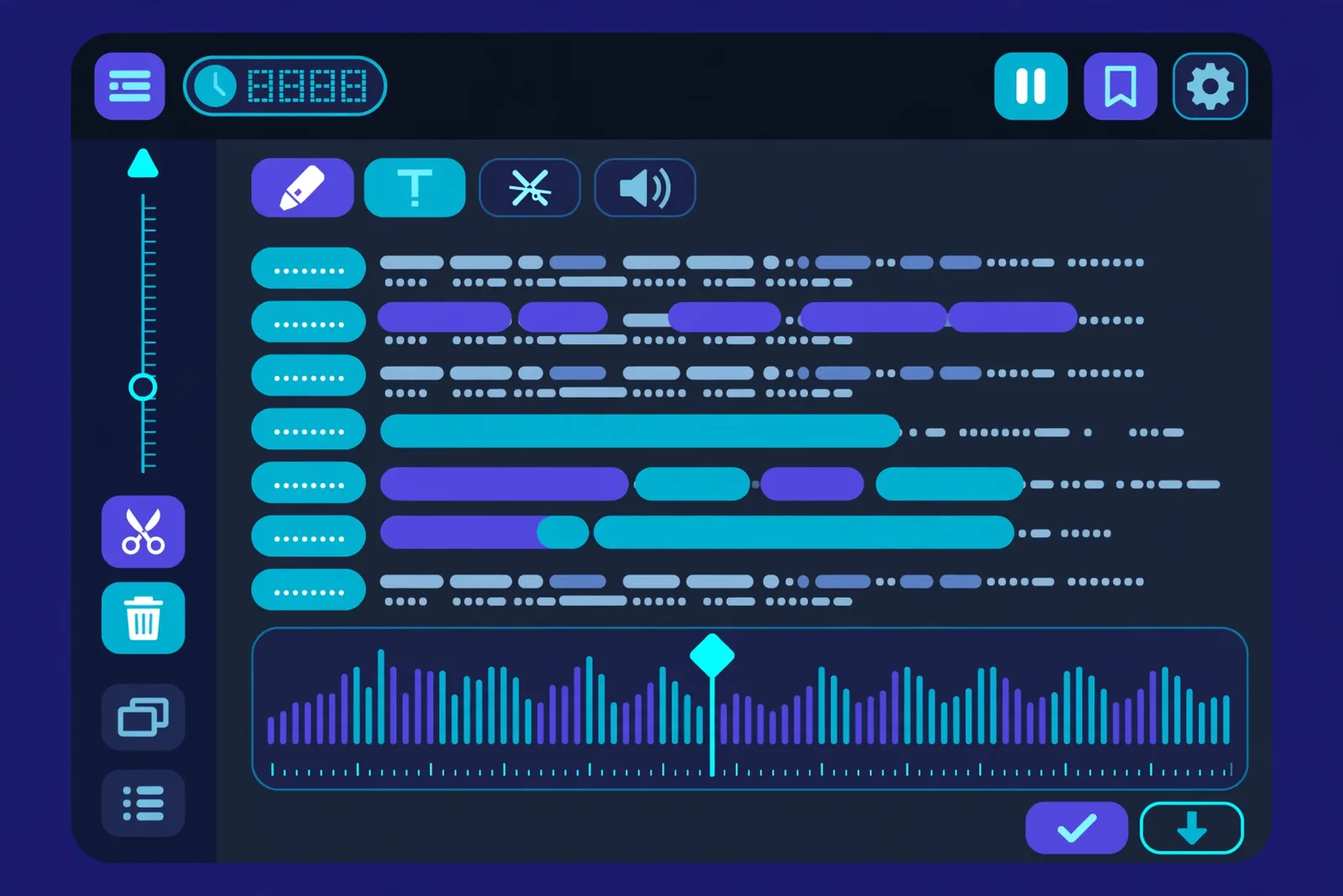 Close-up of Descript's transcript editor with words highlighted and edit controls visible