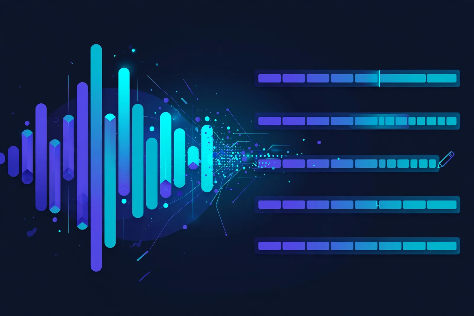 Audio waveform transforming into editable text words, creative illustration of transcript-based editing