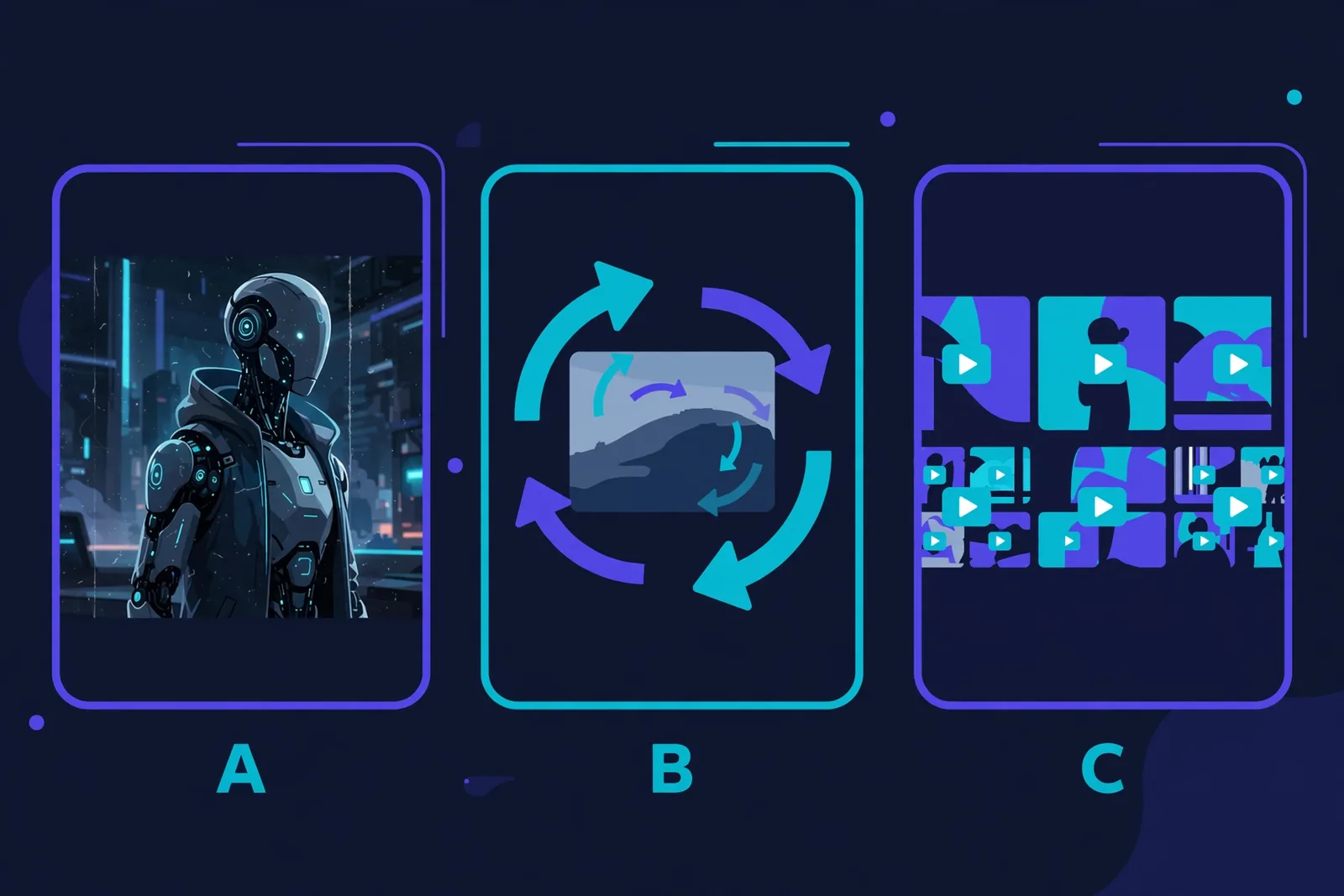 A visual style comparison graphic showing three panels: cinematic AI video, AI images with Ken Burns motion effect, and stock footage mix, labeled Style A, B, C