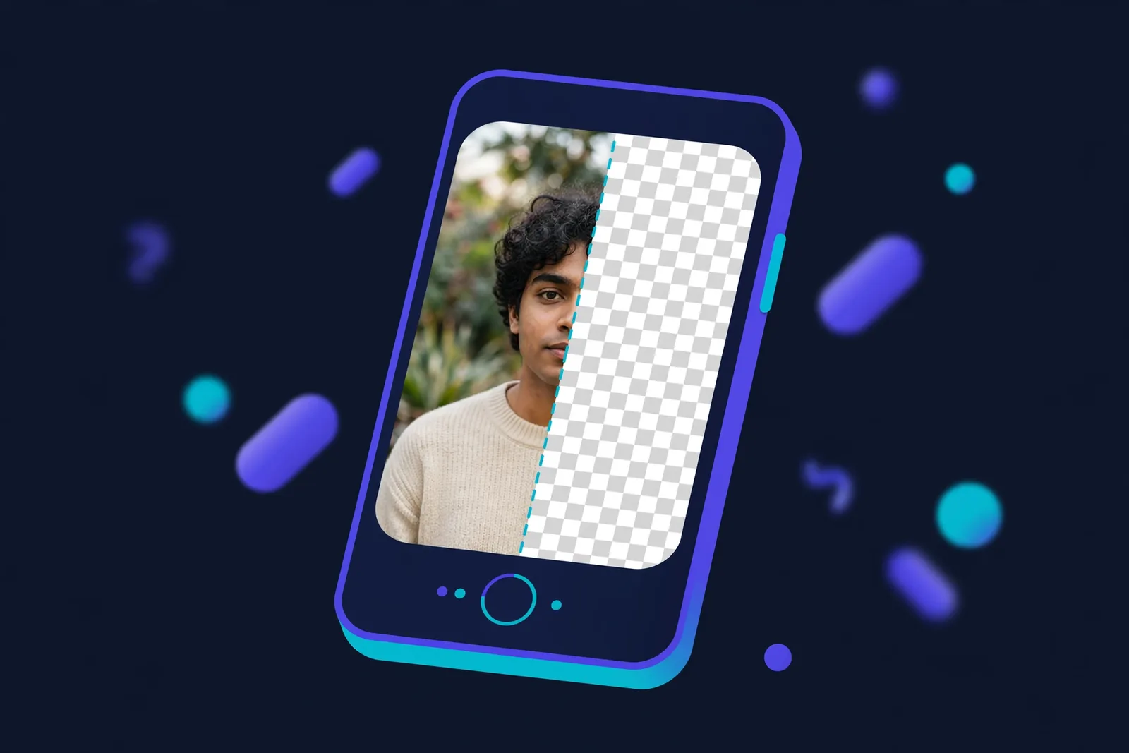 Phone screen showing a background removal app with a portrait photo being processed