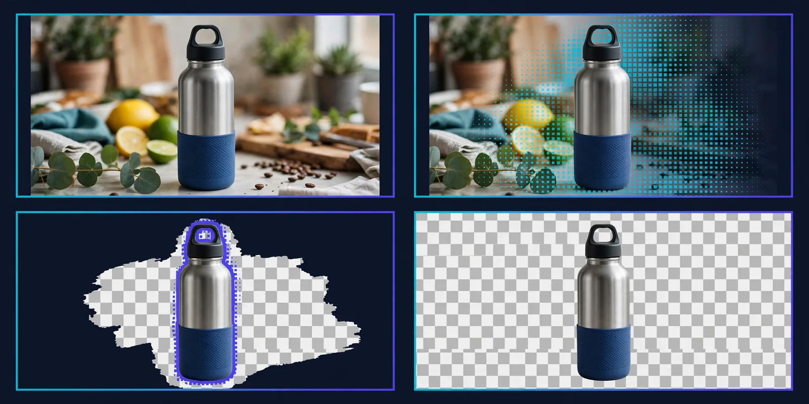 Grid of four product photos showing stages of background removal from original to clean transparent cutout