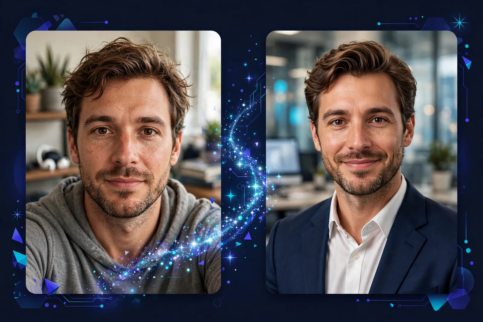 Before-and-after illustration showing a casual selfie transformed into a professional LinkedIn headshot