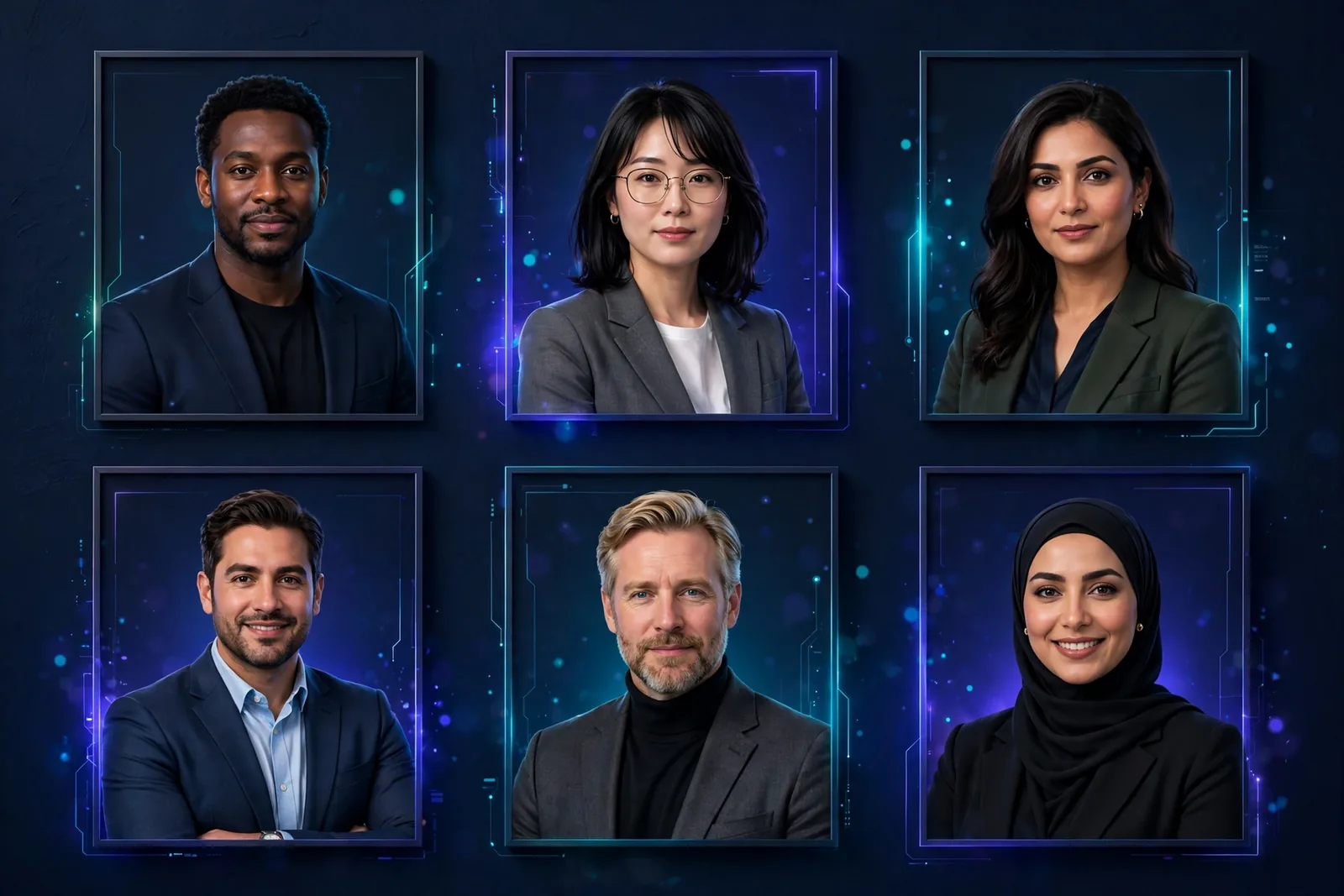 Side-by-side illustration of three AI headshot variations of the same person with different backgrounds and lighting, one circled as the chosen favorite
