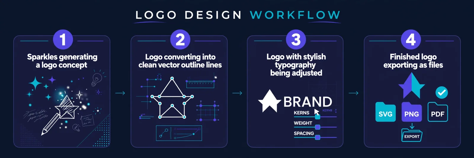 A 4-step workflow infographic: Generate concept (AI image) → Vectorize (SVG conversion) → Add typography (font styling) → Export final logo files, with icons for each step