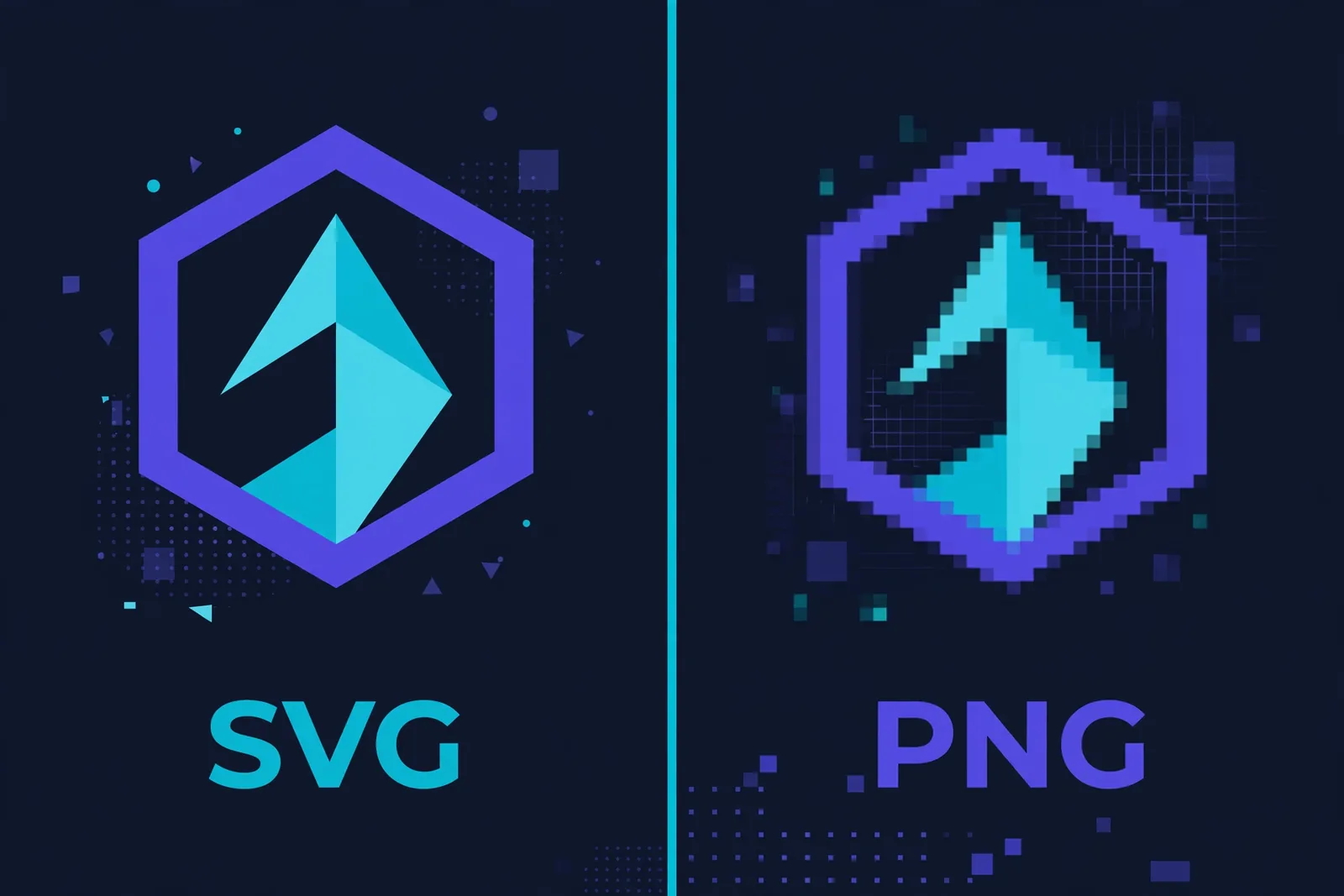 Flat illustration comparing logo file formats: a crisp vector SVG logo scaling up cleanly beside a pixelated PNG logo at large size, with labels