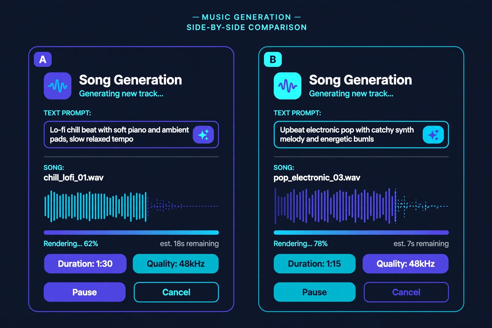 Side-by-side comparison of Suno and Udio interfaces showing song generation in progress