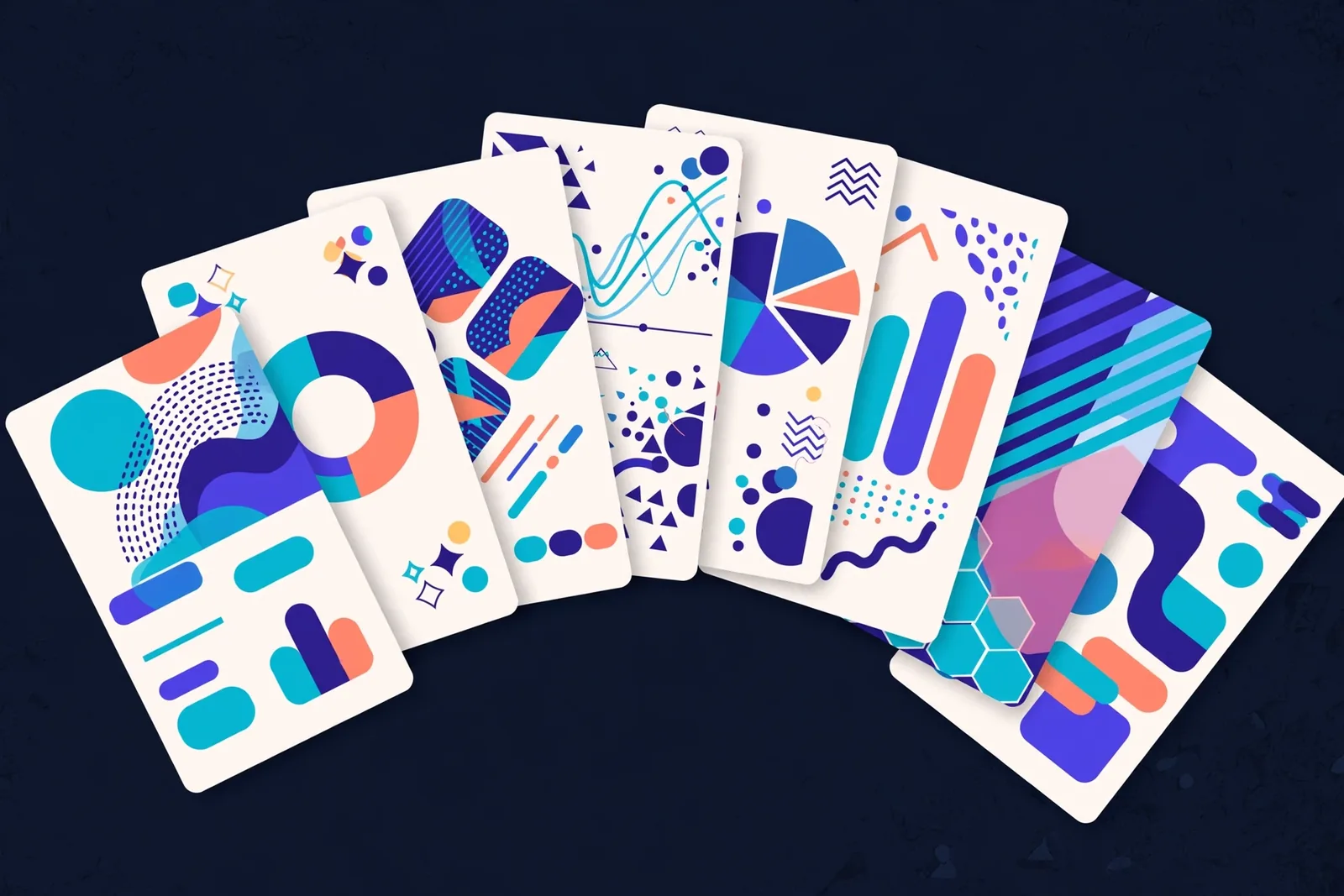 Collection of diverse presentation slide designs fanned out like cards on a desk, vibrant colors