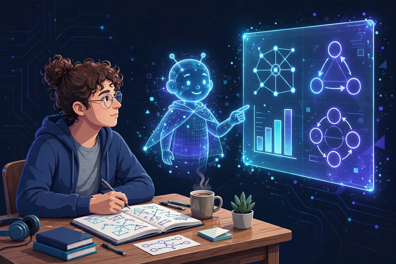 Student desk illustration with phone showing a math problem being solved step-by-step and laptop showing an essay outline
