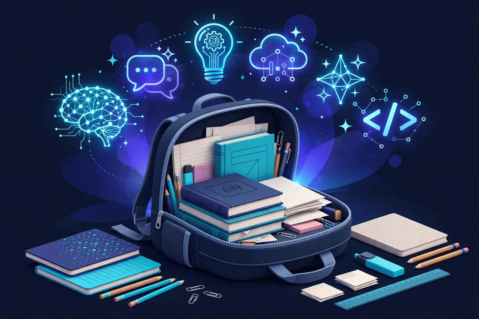 Illustration of a student's phone home screen showing five app icons for ChatGPT, Perplexity, NotebookLM, Wolfram Alpha, and GitHub Copilot arranged as a study toolkit