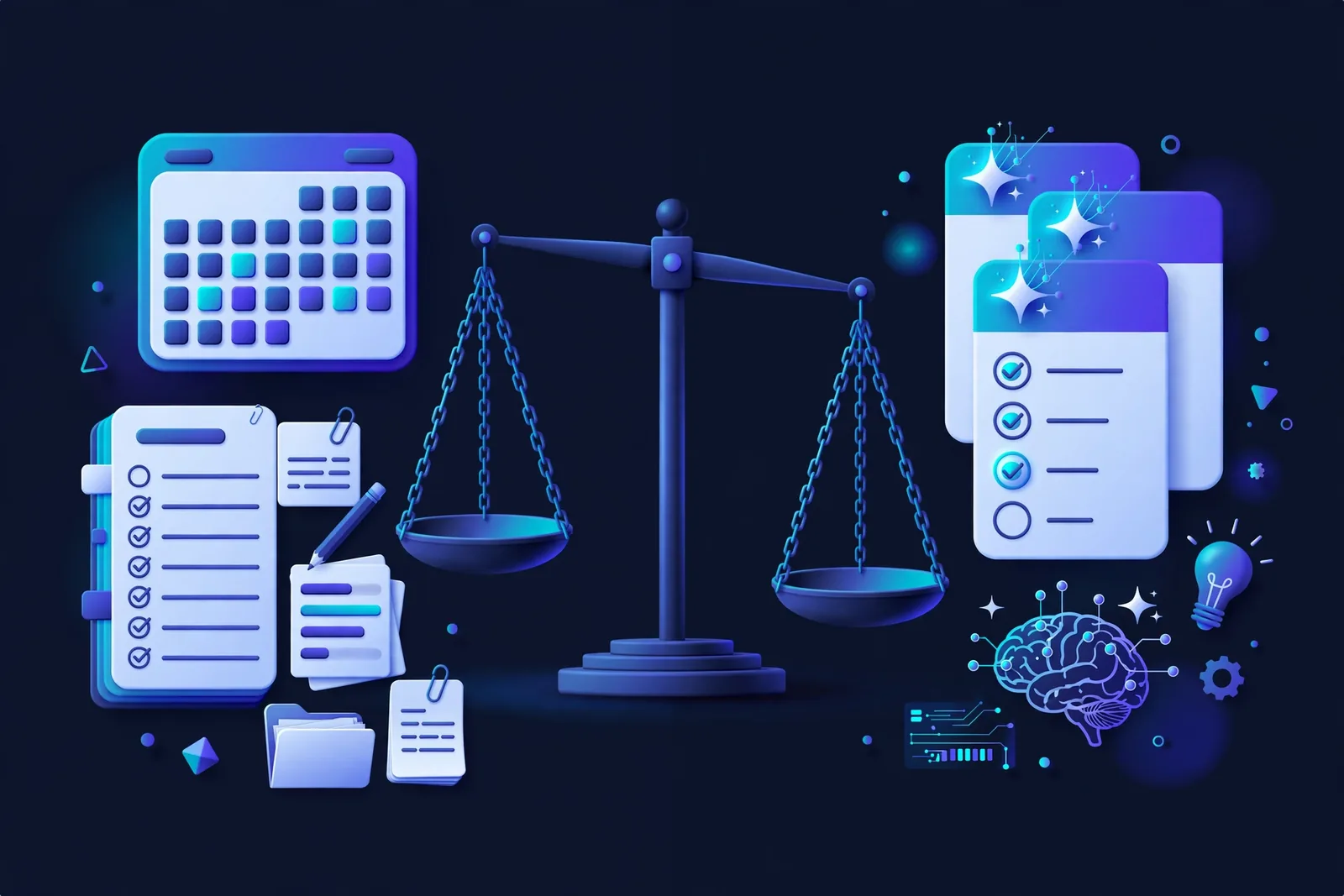 A student's desk setup illustration showing a laptop with two browser tabs, one for ChatGPT math practice and one for Gemini research, plus a clean study workflow diagram