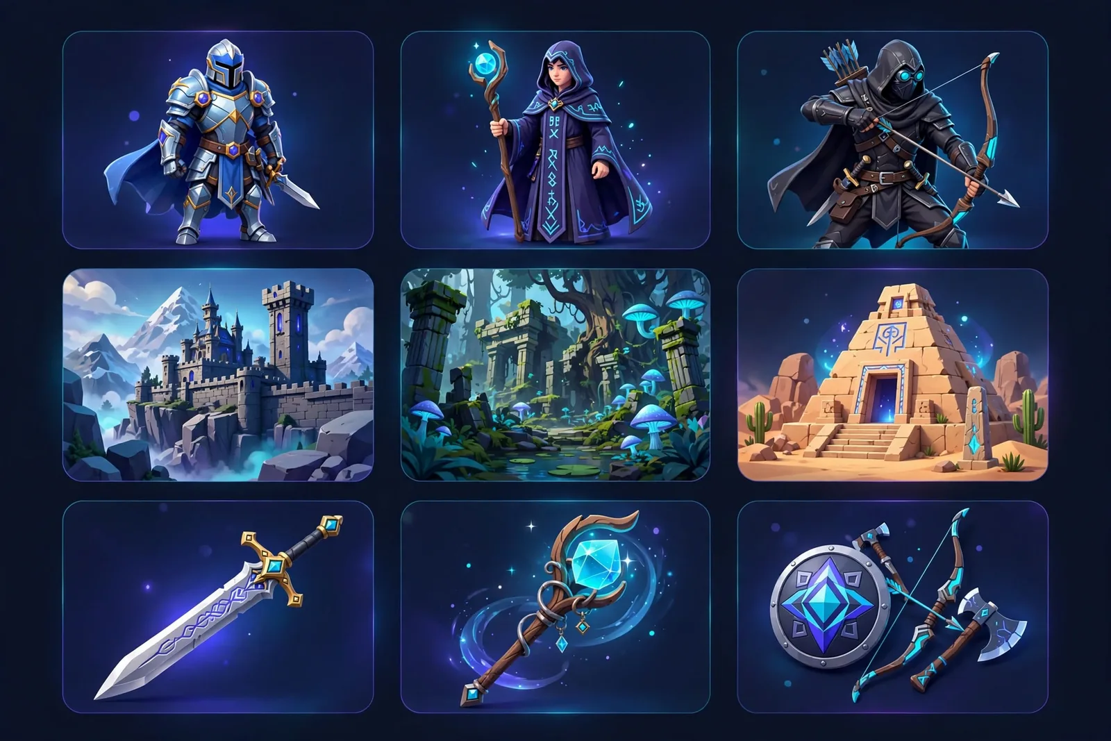 A game artist's workspace illustration showing Leonardo AI generating character concept art and isometric game assets on screen