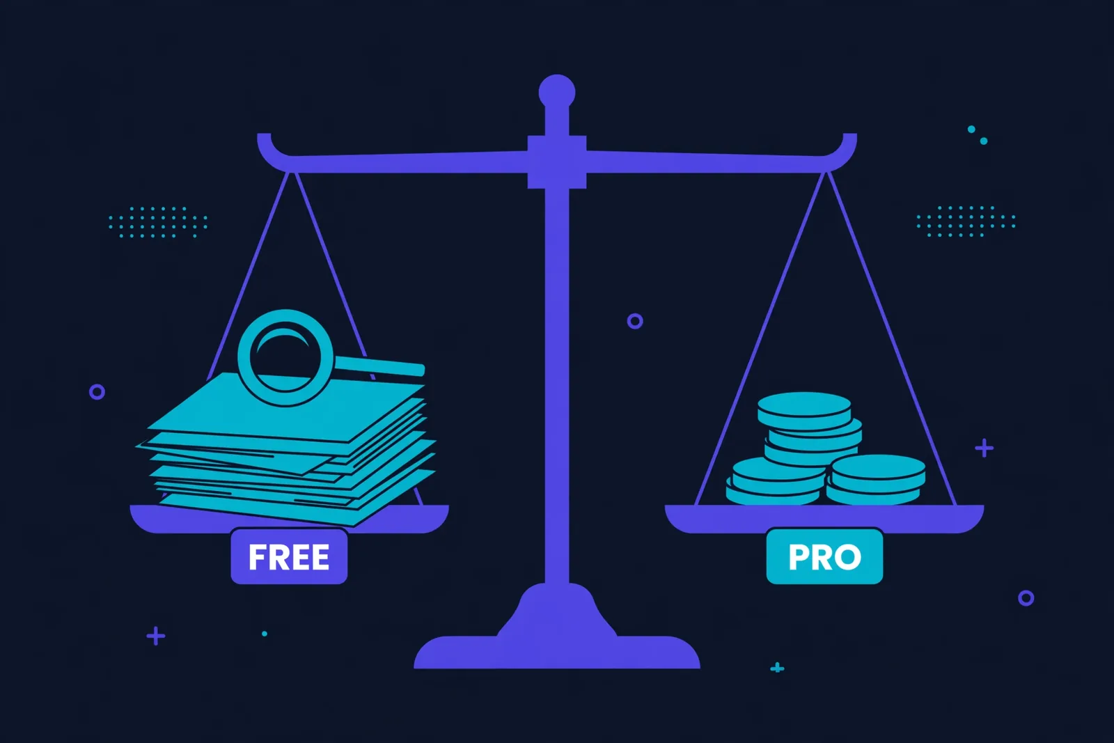 A simple visual scale illustration weighing research needs against budget, showing when free suffices and when Pro pays for itself