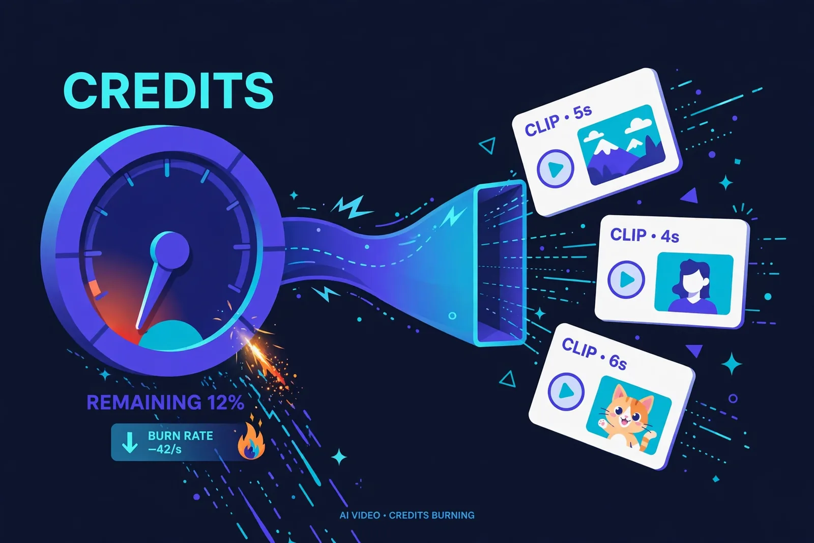 An illustration of a credit meter draining quickly with video clips coming out the other side, visualizing the credits burn fast concept in a playful way