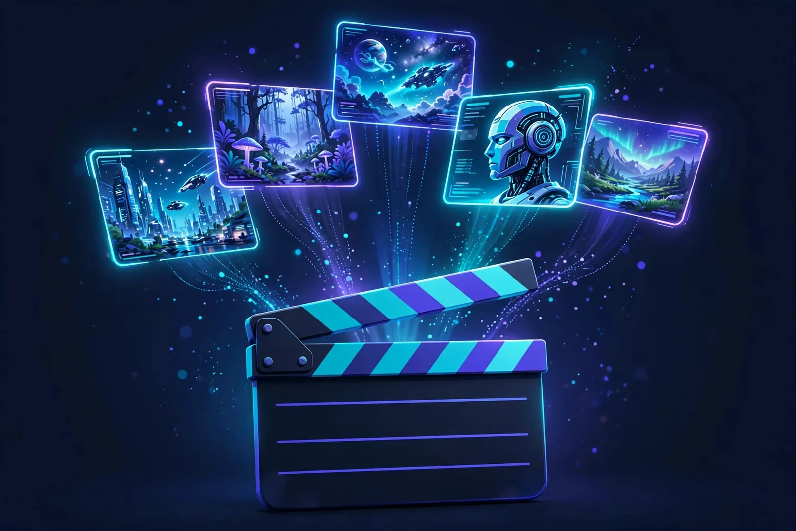 Film director's clapperboard with AI-generated cinematic frames floating above it, dramatic lighting
