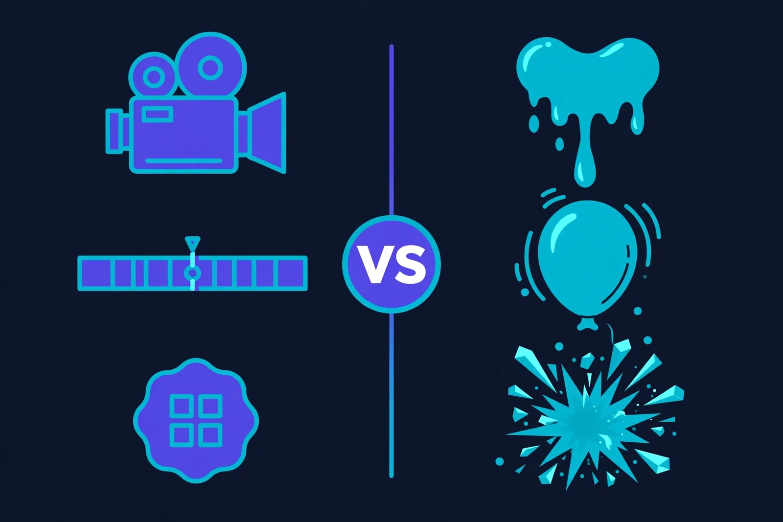 A feature showdown infographic: Runway's professional toolkit icons (camera, timeline, 4K) versus Pika's playful effects icons (melt, inflate, explode), side by side