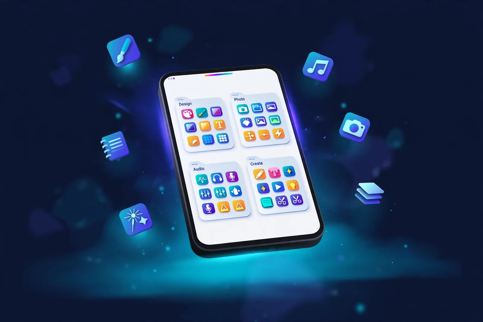 A smartphone showing a content creator's home screen organized with free AI tool apps in labeled folders