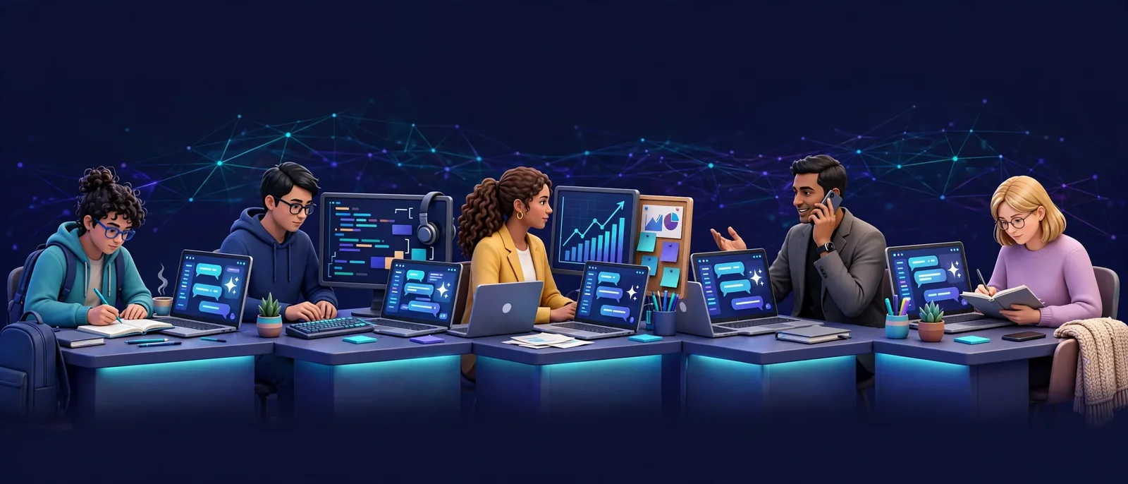 A collage of five user personas — student, developer, marketer, manager, writer — each with a laptop or phone showing ChatGPT helping with their specific task