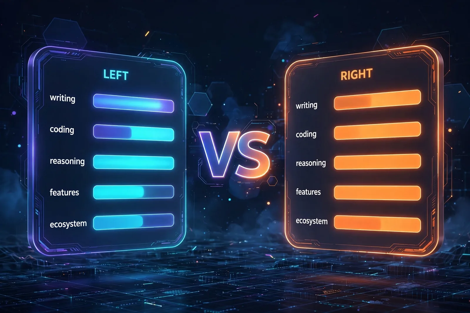A side-by-side comparison chart showing ChatGPT and Claude scored on writing, coding, reasoning, features, and ecosystem