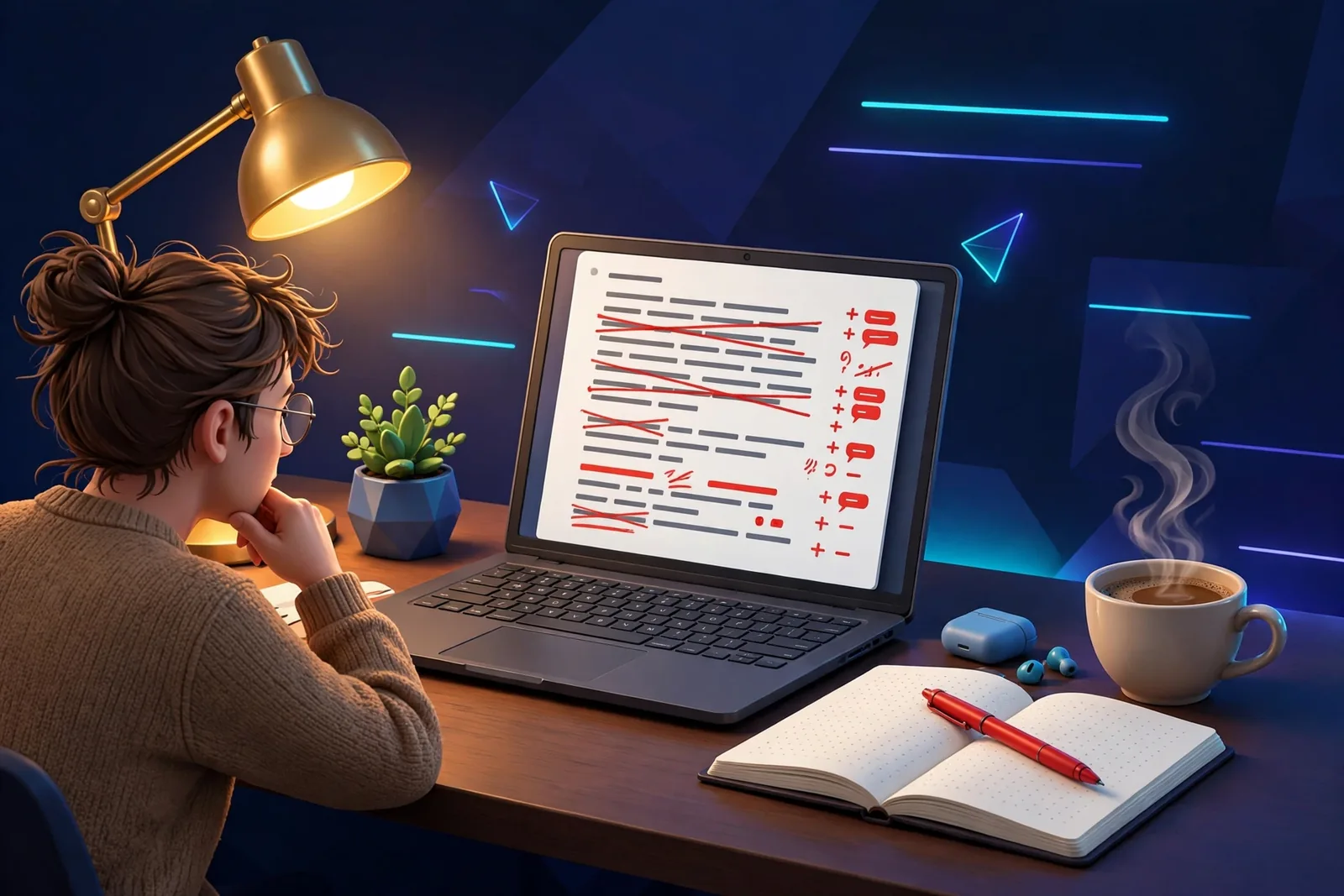 A blogger reviewing an AI-generated draft on screen with tracked changes, a red pen, and a coffee cup beside the laptop