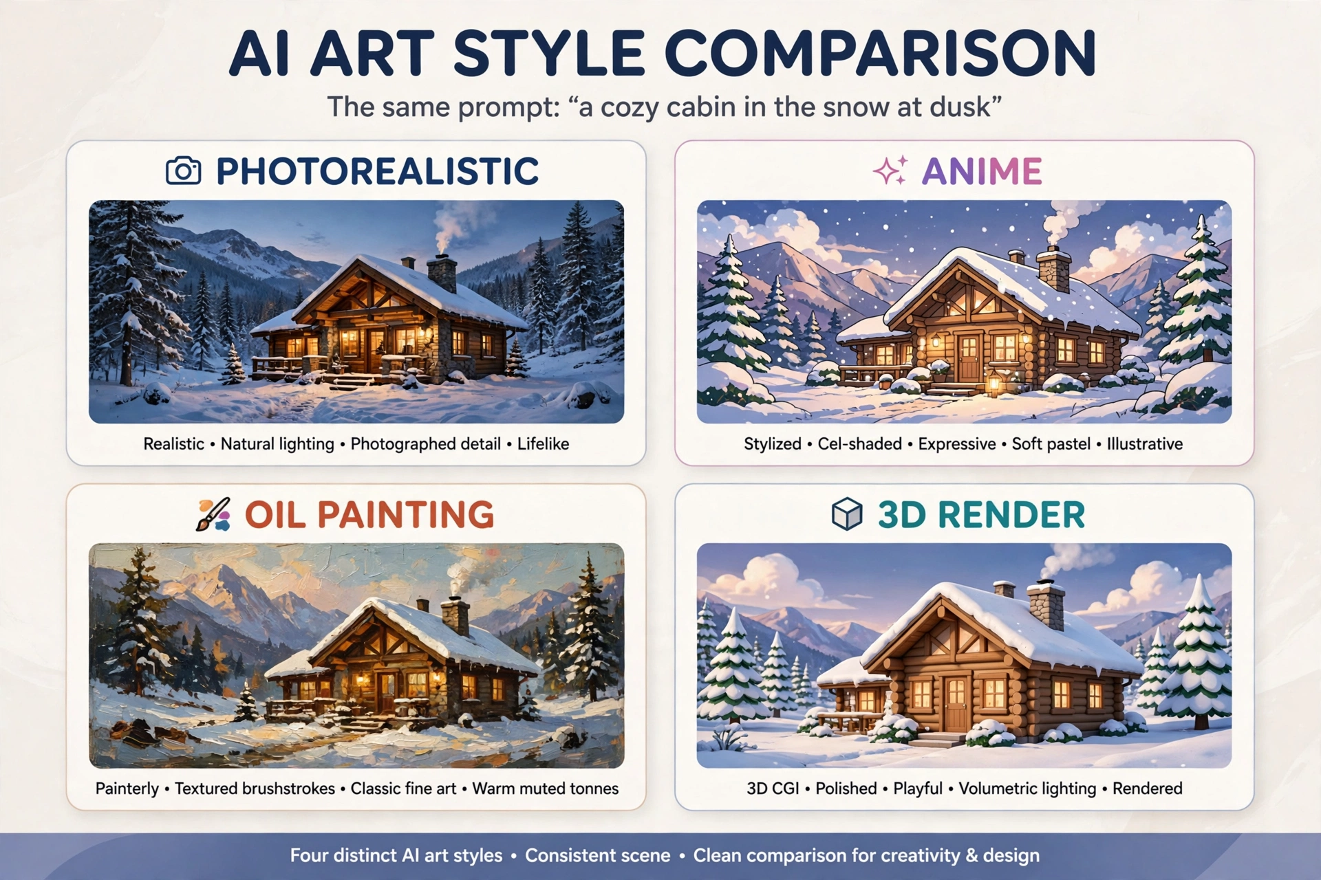 A side-by-side comparison grid showing the same prompt (a cozy cabin in the snow at dusk) rendered by four different AI image generators, highlighting style differences
