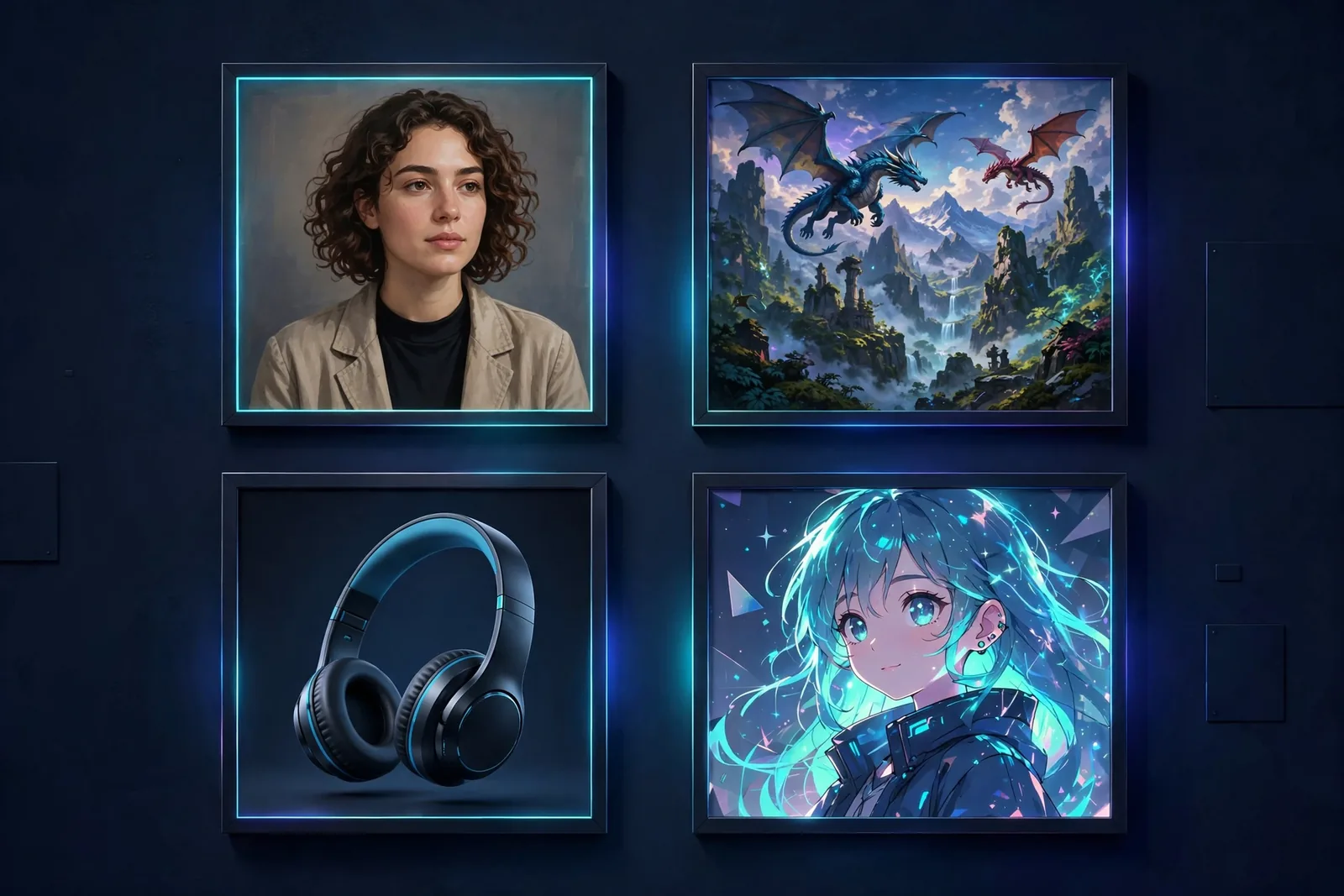 A grid of four diverse Midjourney-generated images — photorealistic portrait, fantasy landscape, product shot, and anime illustration, showing style range