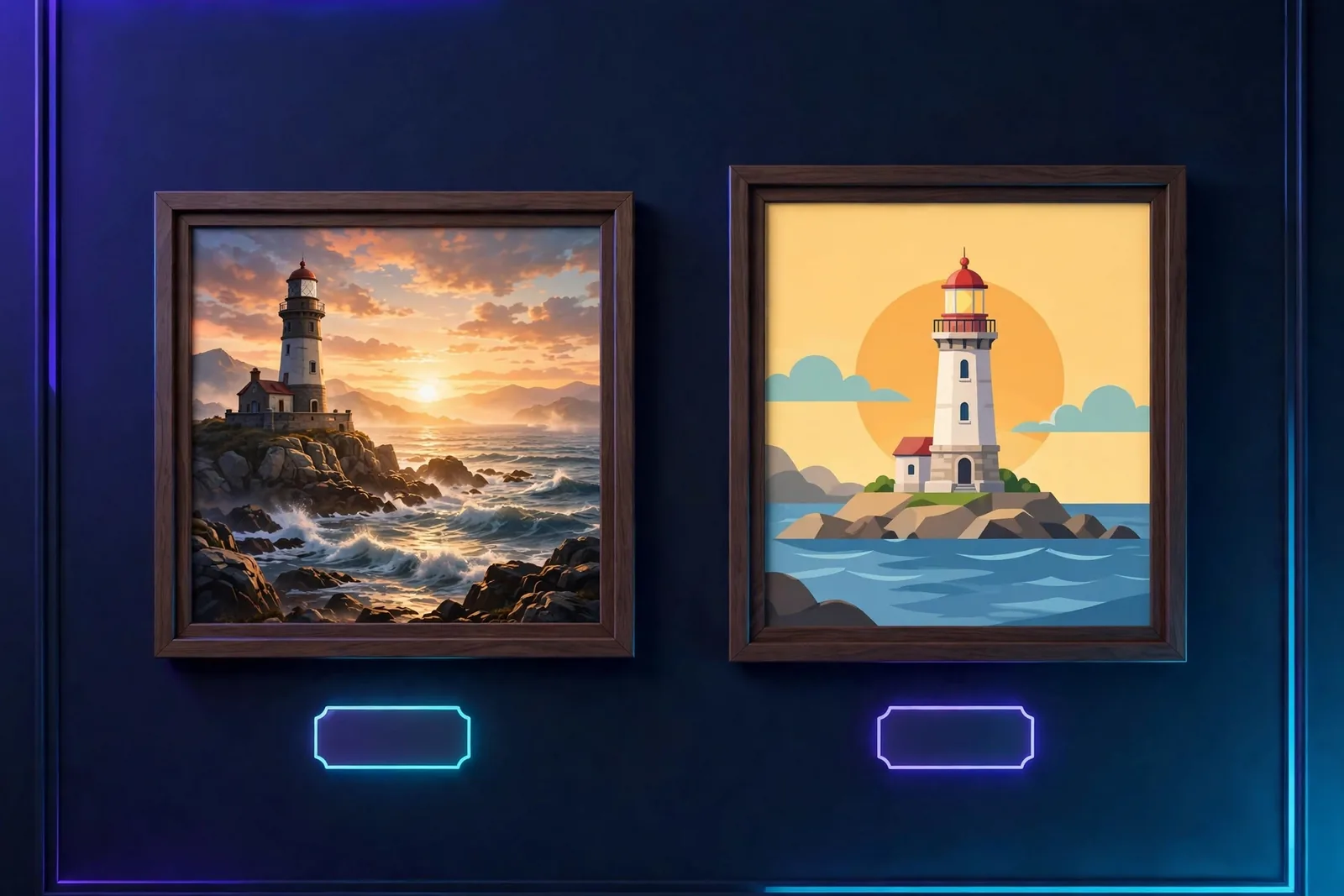 Two images of the same prompt (a lighthouse at sunset, cinematic) generated in Midjourney style vs DALL-E style, labeled for comparison