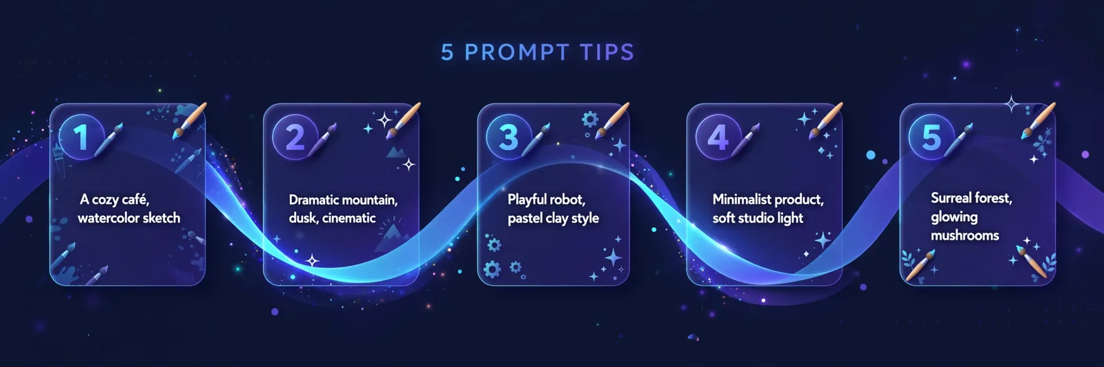 An infographic showing 5 prompt tips with example prompt snippets for AI image generators