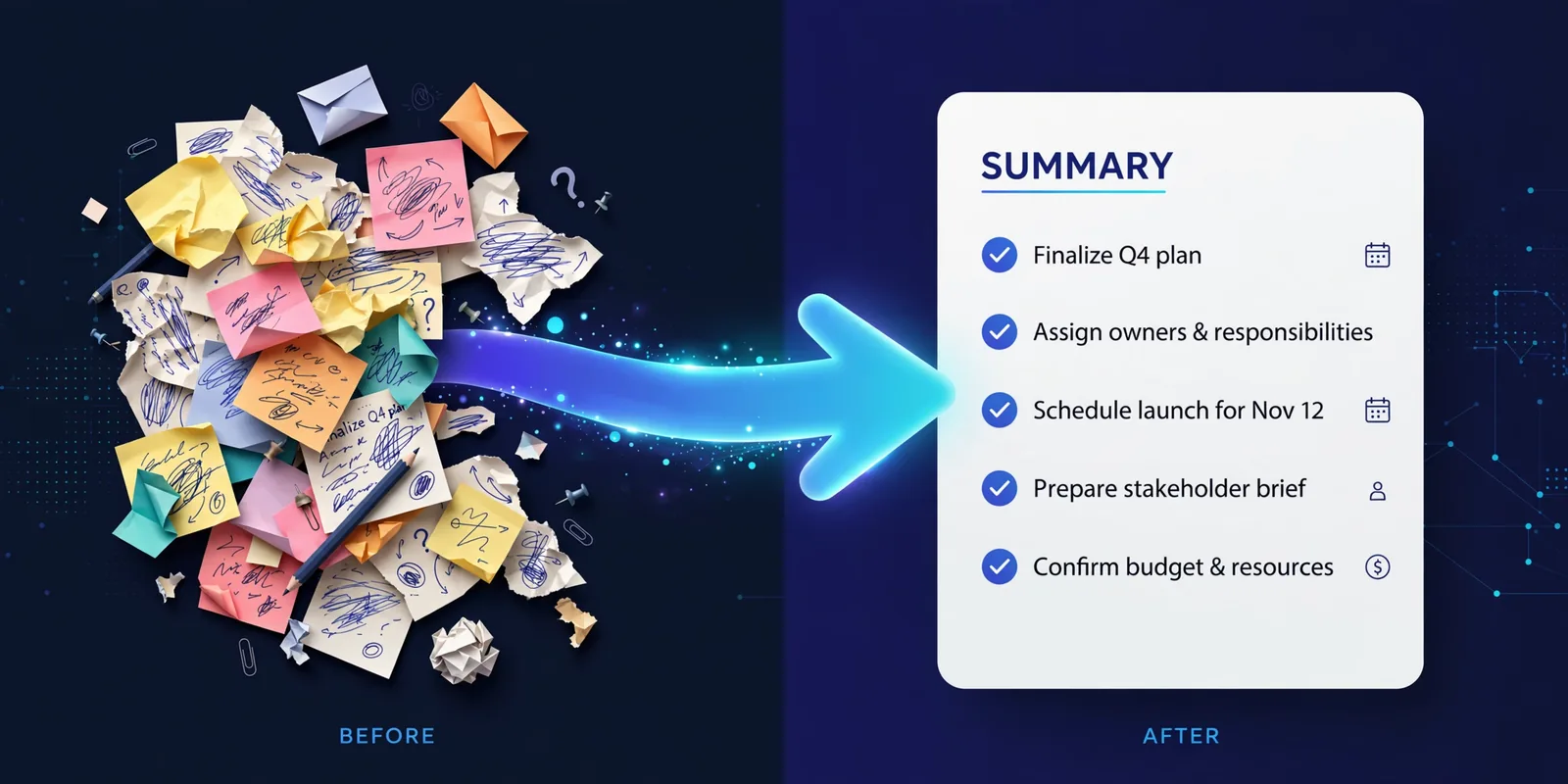 A Notion meeting-notes template with an AI summary block, agenda at top, notes in the middle, auto-generated decisions and action items at the bottom